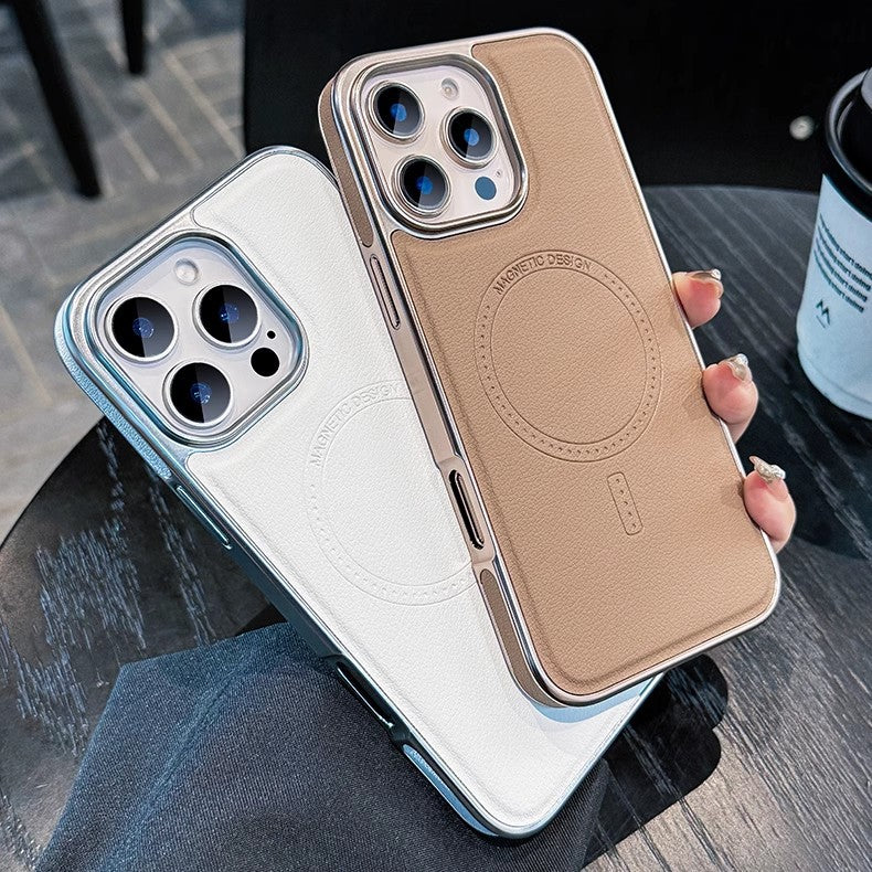 Cover per iPhone in Pelle Vegana – Premium con Magneti MagSafe, Bordi Cromati, Antiurto 360°, Anti-Ingiallimento – Mod. CS02