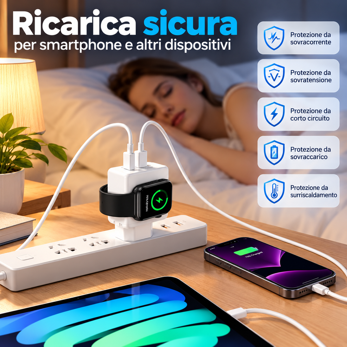 Caricatore Rapido 3 in 1 da 20W con Ricarica Wireless Magnetica 3W per Apple Watch, Alimentatore PD con Porte USB-C e USB-A, per Smartphone e Smartwatch-CA-23W