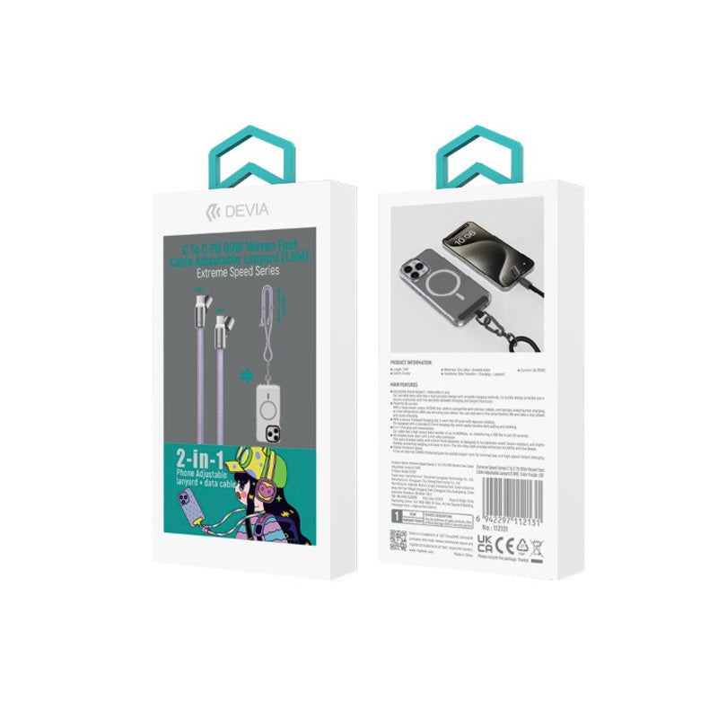 Cordino tracolla porta telefono con cavo ricarica veloce 60W | Tipo-C o Lightning | Lunghezza 1,6m