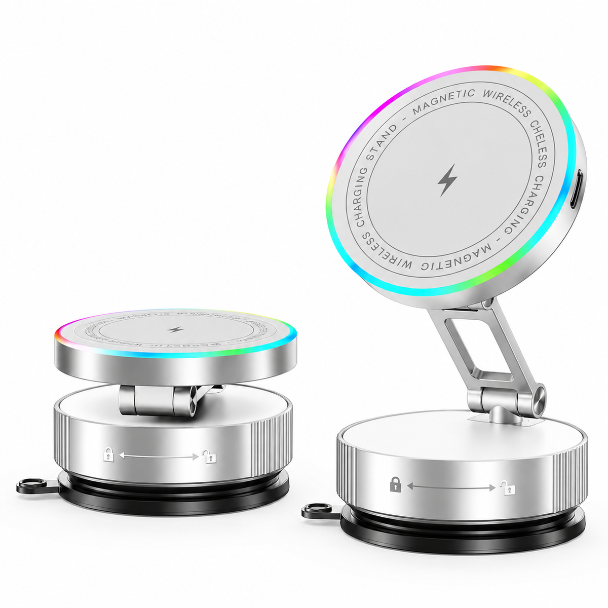 Supporto Magnetico per Smartphone K13 con Ricarica Wireless 15W e Luce RGB – Ventosa a Vuoto, Rotazione 360°, Braccio Pieghevole Regolabile, Base con Blocco a Rotazione per Auto, Scrivania e Casa-K13