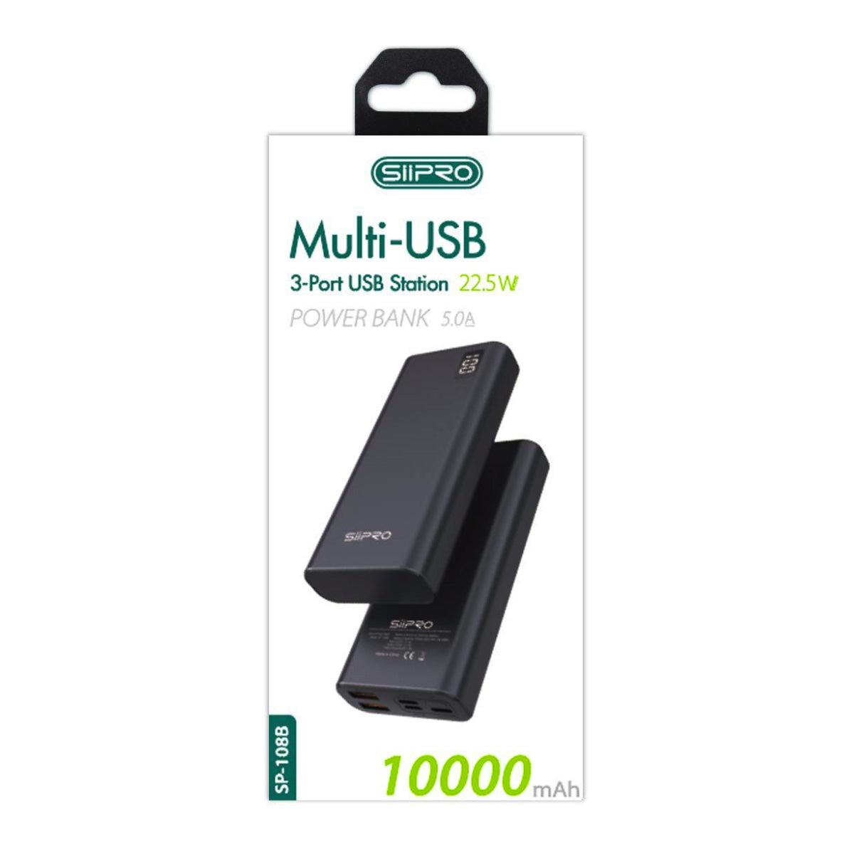 Power Bank 10.000 mAh – ricarica veloce 22.5W (5V/9V/12V) - 2 USB-A – Display a led - Design elegante e mini - SP-108