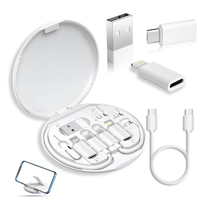 Kit da viaggio 6 in 1 – Scatola portacavi multifunzione con supporto smartphone, ricarica rapida PD 60W, cavo Type-C, adattatori Lightning/Micro USB/USB, spillo SIM incluso