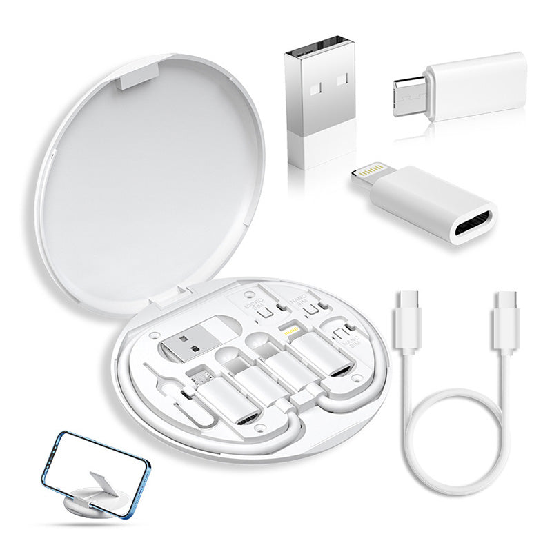 Kit da viaggio 6 in 1 – Scatola portacavi multifunzione con supporto smartphone, ricarica rapida PD 60W, cavo Type-C, adattatori Lightning/Micro USB/USB, spillo SIM incluso