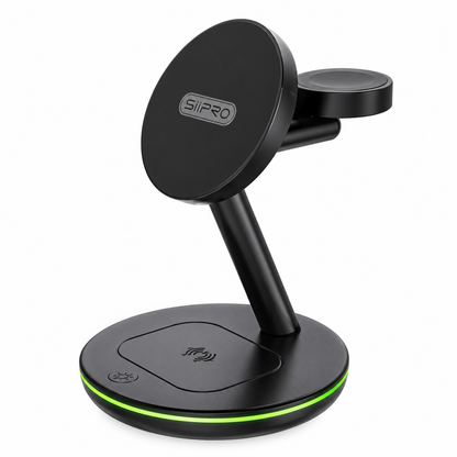 SiiPRO Caricatore Wireless Magnetico 3 in 1 da 15W con Luce LED, Stazione di Ricarica per Smartphone, Smartwatch e Auricolari, Supporto da Scrivania – SW-41