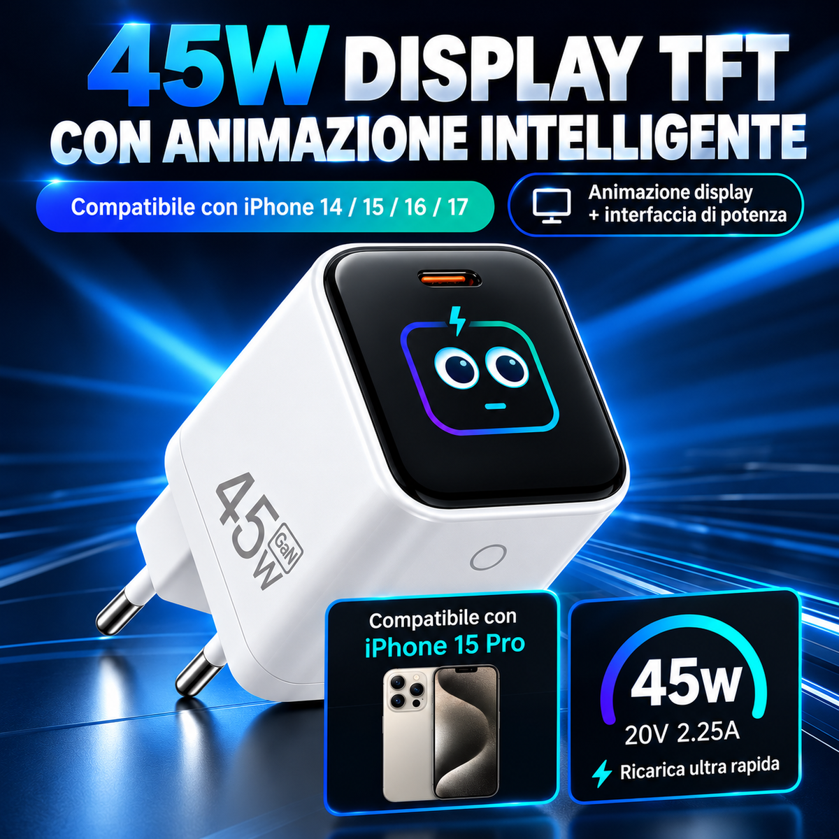 Set Caricatore Rapido GaN 45W con Cavo USB-C Incluso – Display TFT a Colori, Animazioni AI Intelligenti, Schermo Digitale per Monitoraggio Ricarica, Alimentatore da Parete con Spina EU per Smartphone e Tablet – AI-45W