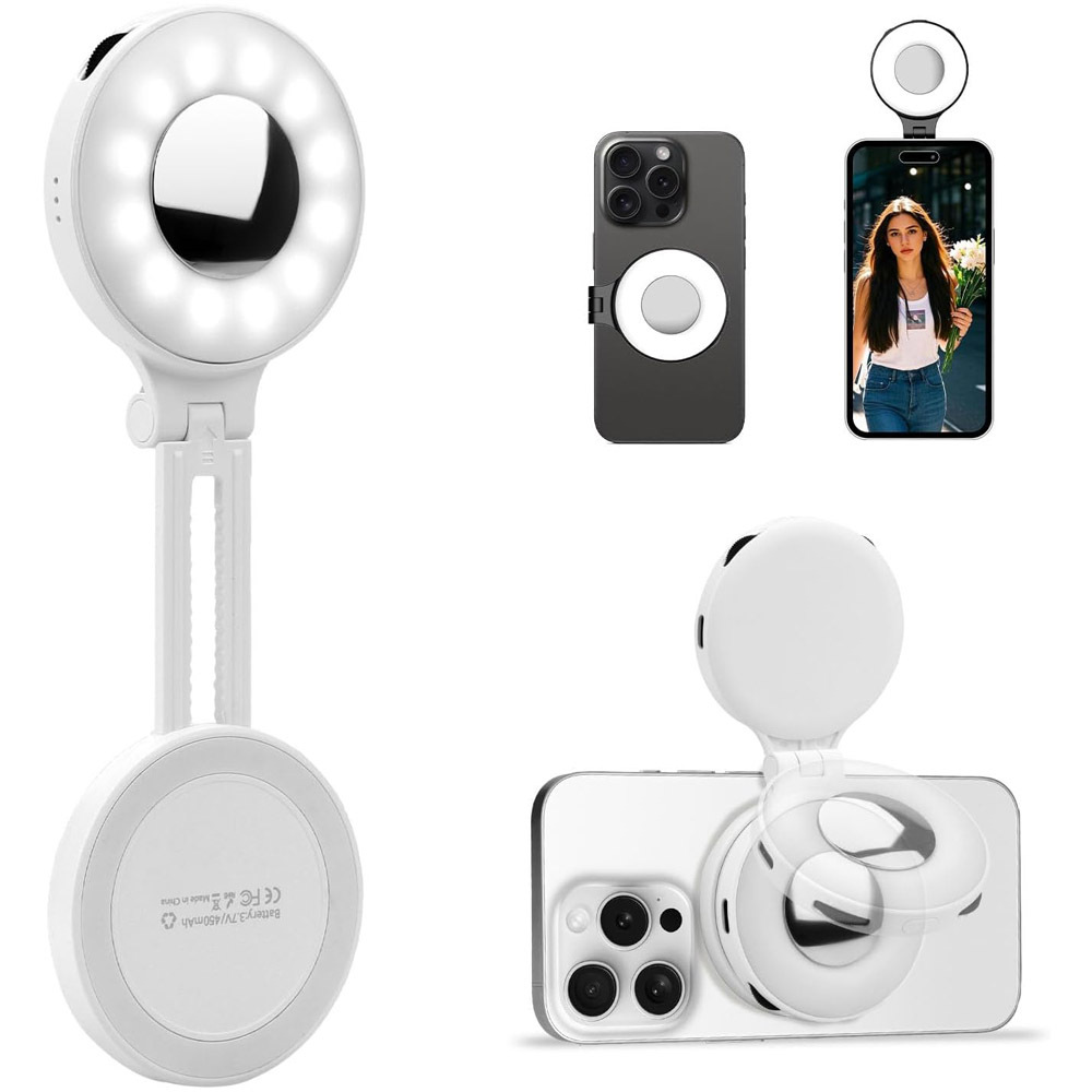 Luce Selfie Magnetica per Smartphone – Ring Light LED Bellezza, 3 Temperature Colore Regolabili, Portatile Pieghevole con Specchio - S5
