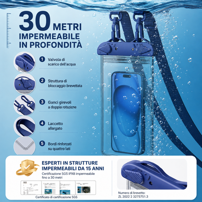 Custodia Impermeabile Universale per Smartphone fino a 8 Pollici con Tracolla Regolabile – Touch Sensibile, IPX8 fino a 30 Metri, Porta Cellulare Waterproof per Mare, Piscina, Spiaggia e Kayak-J011