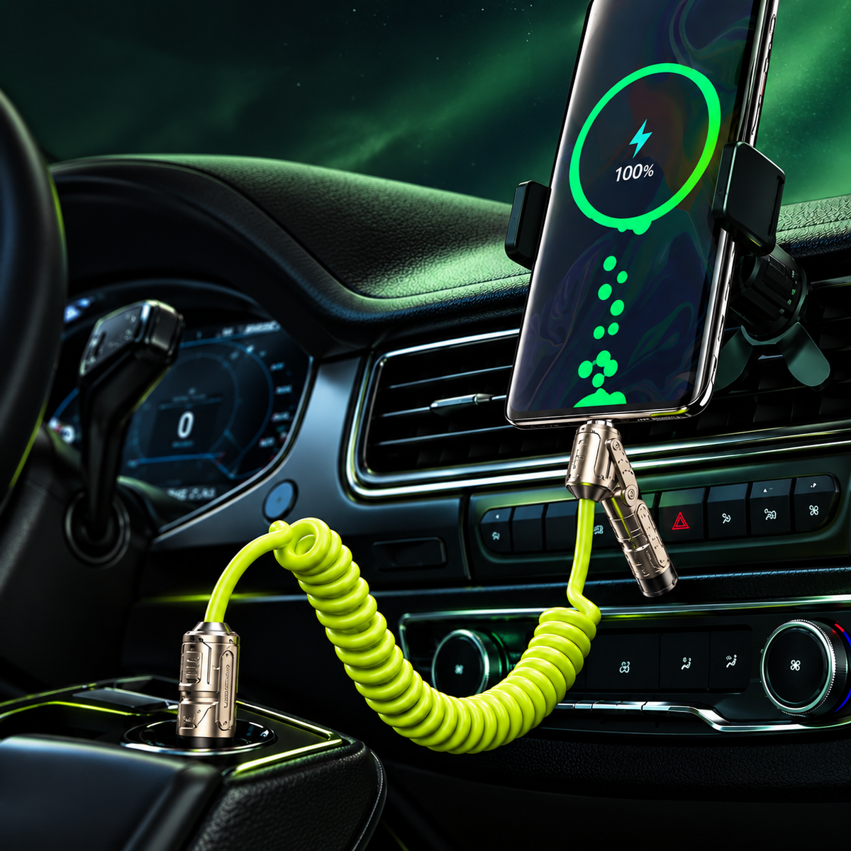 Cavo di Ricarica Rapida per Auto 4 in 1, 240W, Compatibile con CarPlay, Spirale Estensibile fino a 1,8 m, Connettori USB, Type-C e Lightning, per Smartphone e Tablet, Design Antigroviglio – WDC-80