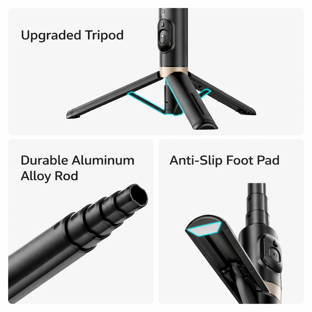 Selfie Stick Mini All-in-One Portatile per Smartphone con Treppiede Integrato, Luce di Riempimento e Telecomando Bluetooth - Q12S