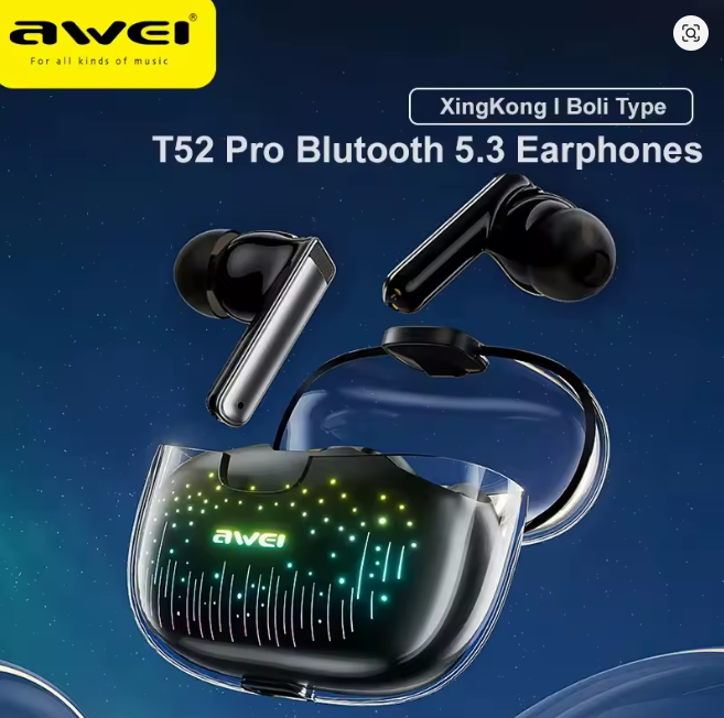 Awei T52 Pro – Auricolari Wireless Bluetooth 5.3 🎶 | Gaming Mode 🎮 | HiFi Bass 🔊 | Impermeabili Sport IPX6 💦 | Custodia LED 300mAh ⚡