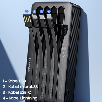 Awei P134K Power Bank 20000mAh  | 4 Cavi Integrati  | Ricarica Rapida  | Display LED  |  Ultra Slim & Portatile