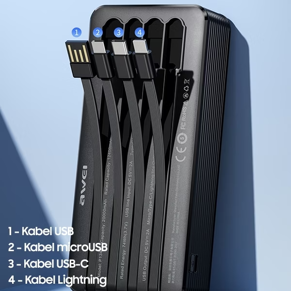 Awei P134K Power Bank 20000mAh  | 4 Cavi Integrati  | Ricarica Rapida  | Display LED  |  Ultra Slim & Portatile