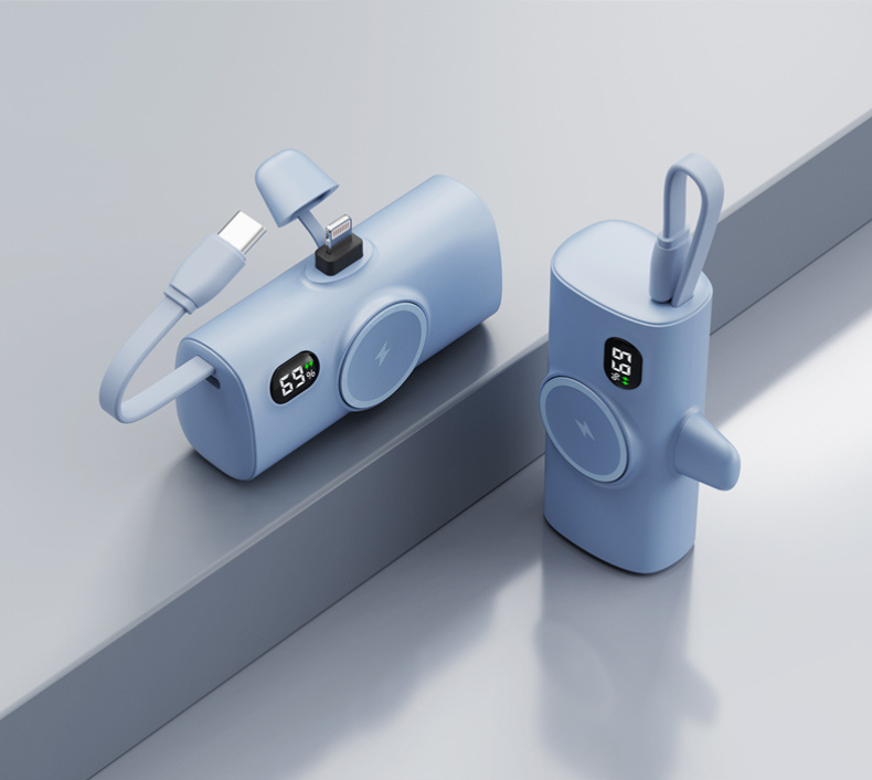 Power Bank Tascabile a Forma di Capsula | Wireless con Ricarica Magnetica | Compatibile con Smartwatch | Con Cavo Integrato | Porta Type-C | Design Ultra Compatto| 5000mAh - PB01