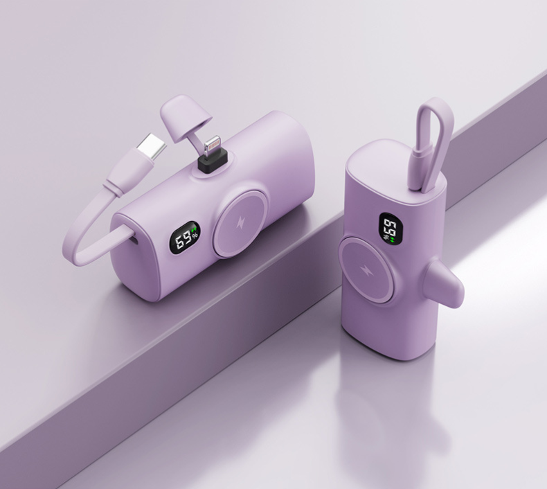 Power Bank Tascabile a Forma di Capsula | Wireless con Ricarica Magnetica | Compatibile con Smartwatch | Con Cavo Integrato | Porta Type-C | Design Ultra Compatto| 5000mAh - PB01