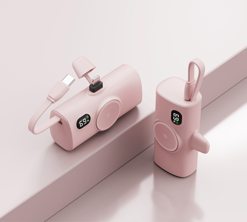 Power Bank Tascabile a Forma di Capsula | Wireless con Ricarica Magnetica | Compatibile con Smartwatch | Con Cavo Integrato | Porta Type-C | Design Ultra Compatto| 5000mAh - PB01