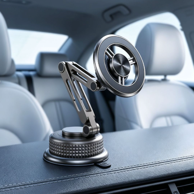 Supporto Magnetico a Ventosa in Metallo, Pieghevole e Regolabile, Rotazione a 360°, Multisuperficie per Auto, Casa e Ufficio, Ideale per Cruscotti e Superfici Lisce – X2-102