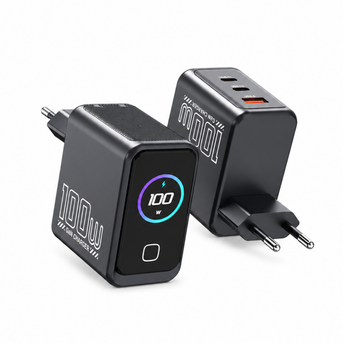 Caricatore Rapido GaN 100W con Display Intelligente AI, Alimentatore da Parete USB-C e USB-A, Monitoraggio Potenza e Temperatura, Ricarica Multiporta per Smartphone, Tablet e Laptop, Spina EU-X100PRO