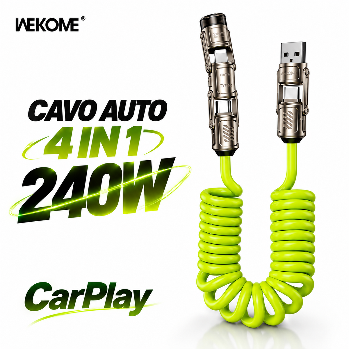 Cavo di Ricarica Rapida per Auto 4 in 1, 240W, Compatibile con CarPlay, Spirale Estensibile fino a 1,8 m, Connettori USB, Type-C e Lightning, per Smartphone e Tablet, Design Antigroviglio – WDC-80