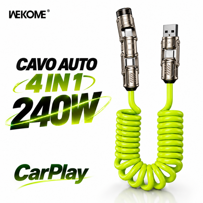 Cavo di Ricarica Rapida per Auto 4 in 1, 240W, Compatibile con CarPlay, Spirale Estensibile fino a 1,8 m, Connettori USB, Type-C e Lightning, per Smartphone e Tablet, Design Antigroviglio – WDC-80