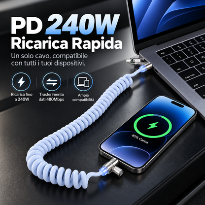 Cavo Ricarica Rapida 4 in 1 fino a 240W con Profumazione Integrata, Spirale Estensibile per Auto, Compatibile con CarPlay e Trasferimento Dati, USB-A/USB-C a Type-C/Lightning – BS240W
