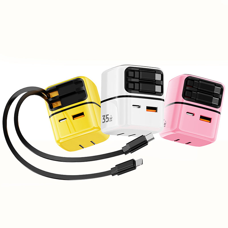 Caricatore GaN 35W Super Fast Charge – 4 Uscite con Doppio Cavo Retrattile Type-C + Lightning Integrato – Compatibile iPhone/Android/Notebook (CG01)