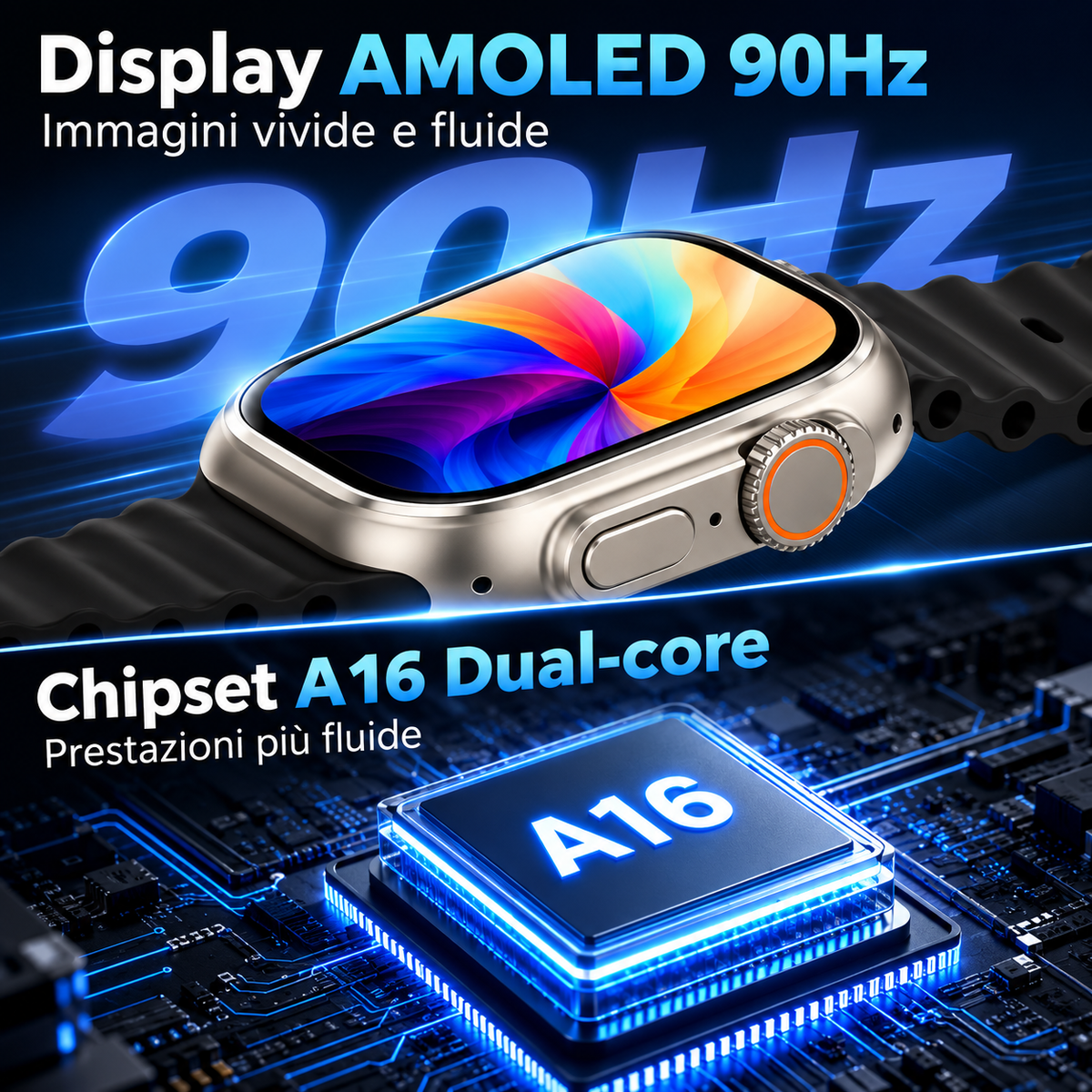Lostech LS-SW01 Smartwatch AMOLED 90Hz con Chiamate Bluetooth, Monitoraggio Attività, SpO2, Frequenza Cardiaca, Sonno, Bussola e Musica Locale