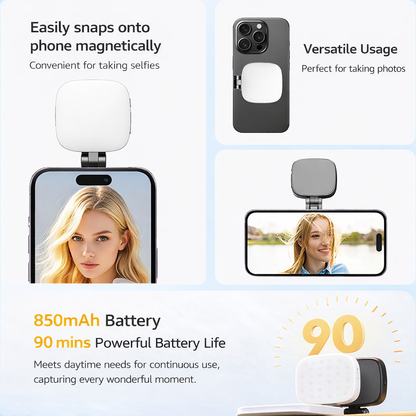 Luce Selfie Magnetica Regolabile per Smartphone – con specchio - Rotazione 360°, Inclinazione 270° - Compatibile MagSafe - JQ-01