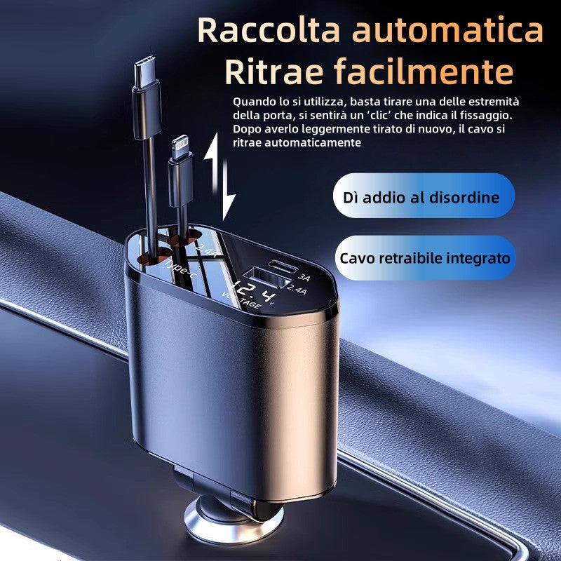 Caricatore Auto Retrattile 120W Super Fast Charge | Schermo Digitale | 4-in-1 Multiporta | Compatibile 12V-24V Mod. CR11