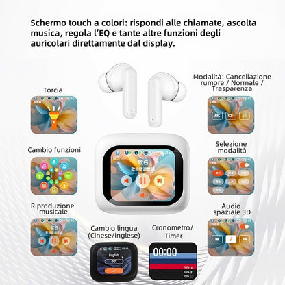 Auricolari Bluetooth LX10 con Schermo LED a Colori | Traduzione AI, Cancellazione Attiva del Rumore & Controllo Touch Intelligente M6