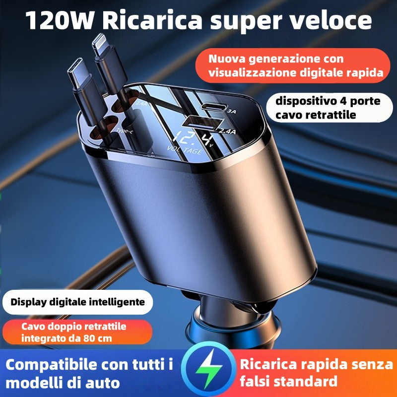 Caricatore Auto Retrattile 120W Super Fast Charge | Schermo Digitale | 4-in-1 Multiporta | Compatibile 12V-24V Mod. CR11