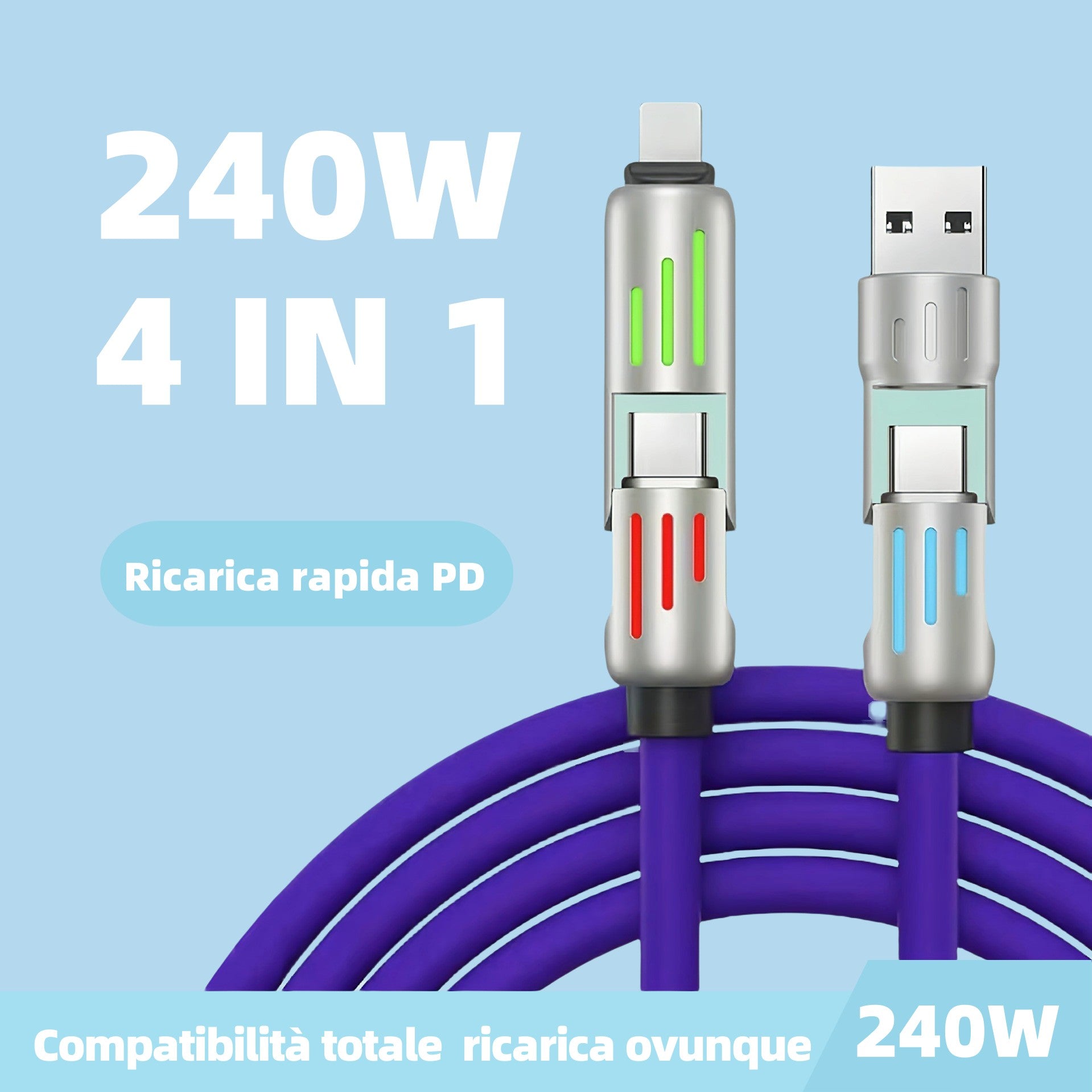 Cavo Bestseller 240W RGB con Luce a Colonna｜4 in 1 Due-in-Due｜Compatibile Android/ Apple / Type-C Mod. CV11