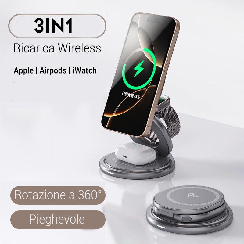 Caricatore Wireless Qi2 3 in 1 in Alluminio – Compatibile con MagSafe | Pieghevole con Rotazione a 360° | per iPhone | AirPods | Apple Watch -Q2