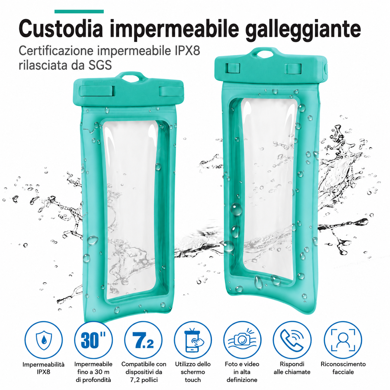 Custodia Impermeabile Galleggiante per Smartphone con Doppio Airbag, IPX8 fino a 30 Metri, Compatibile fino a 7,2 Pollici, TPU Touch ad Alta Sensibilità, per Nuoto, Immersioni e Terme, con Cordino Girevole-J009-2