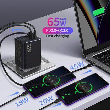 Caricatore GaN 40W/65W con Cavo Retrattile 80cm – Doppia Porta USB-A + USB-C – Ricarica Veloce Compatta | Mod. ZCD