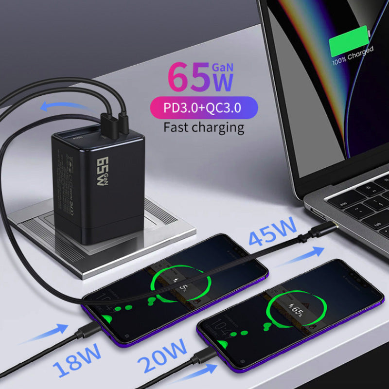Caricatore GaN 40W/65W con Cavo Retrattile 80cm – Doppia Porta USB-A + USB-C – Ricarica Veloce Compatta | Mod. ZCD