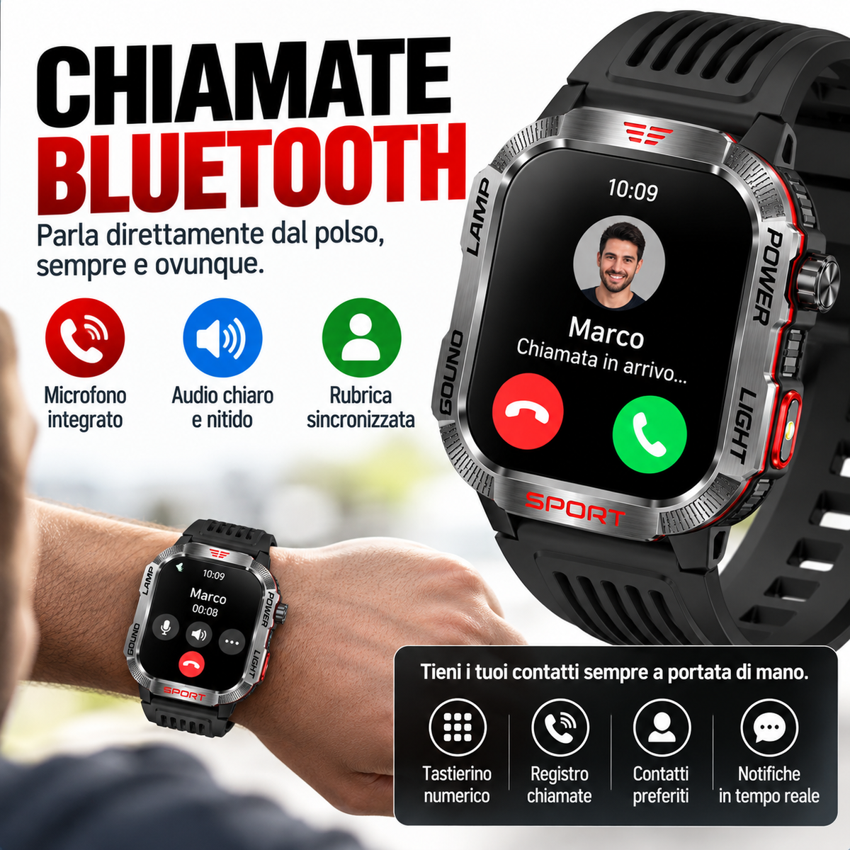 Smartwatch Sport AMOLED 2,01" con Chiamate Bluetooth, 100+ Modalità Sport, IP68, Torcia, Cardiofrequenzimetro e Batteria 600mAh LS-SW02
