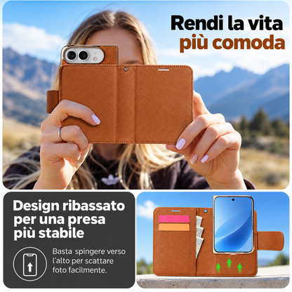 Cover a Libro 2 in 1 Magnetica e Staccabile per iPhone Duo, Custodia Portafoglio in PU con Porta Carte, Supporto Verticale e Orizzontale, Chiusura Magnetica e Laccetto-DUO-L01