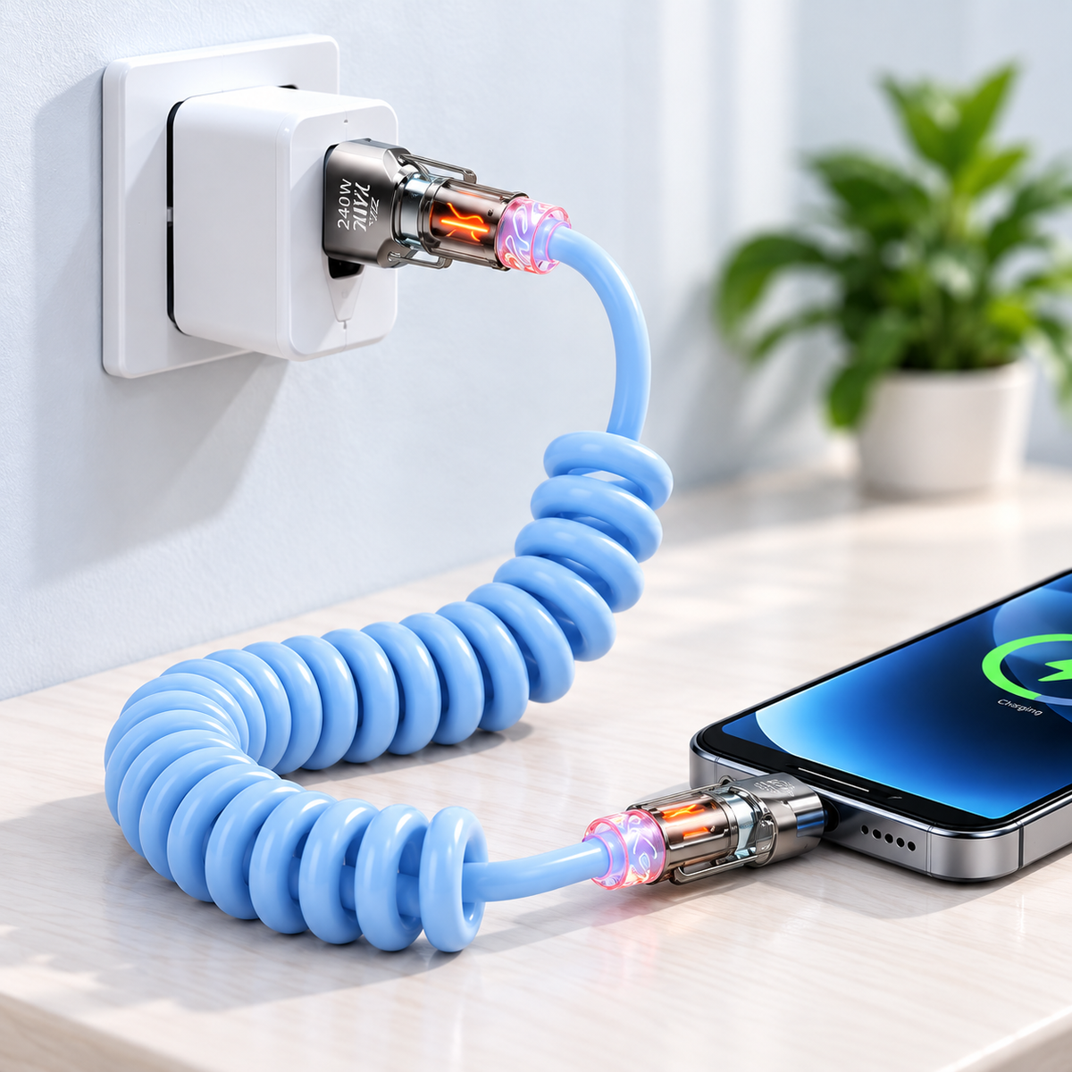 Cavo Ricarica Rapida 4 in 1 fino a 240W con Profumazione Integrata, Spirale Estensibile per Auto, Compatibile con CarPlay e Trasferimento Dati, USB-A/USB-C a Type-C/Lightning – BS240W