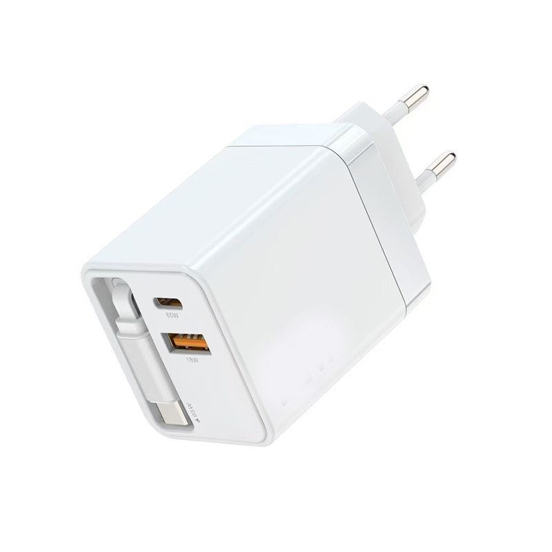 Caricatore GaN 40W/65W con Cavo Retrattile 80cm – Doppia Porta USB-A + USB-C – Ricarica Veloce Compatta | Mod. ZCD