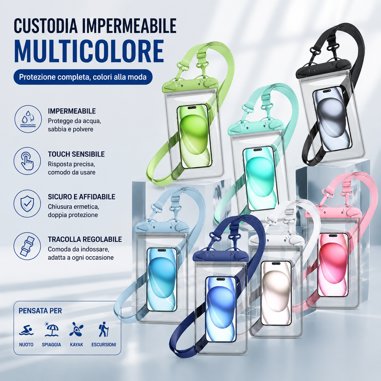 Custodia Impermeabile Universale per Smartphone fino a 8 Pollici con Tracolla Regolabile – Touch Sensibile, IPX8 fino a 30 Metri, Porta Cellulare Waterproof per Mare, Piscina, Spiaggia e Kayak-J011