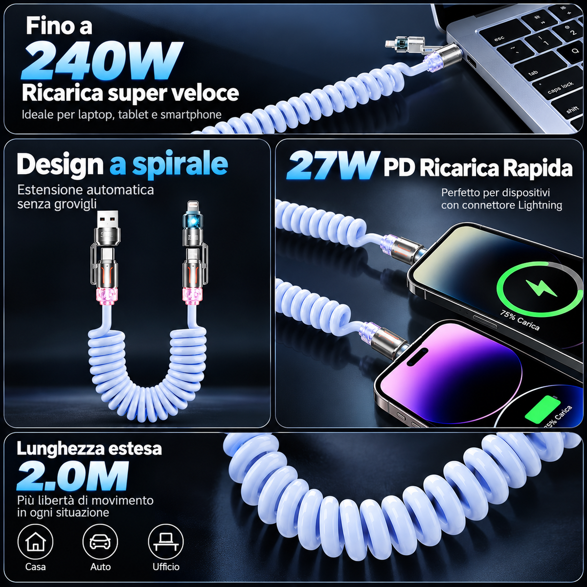 Cavo Ricarica Rapida 4 in 1 fino a 240W con Profumazione Integrata, Spirale Estensibile per Auto, Compatibile con CarPlay e Trasferimento Dati, USB-A/USB-C a Type-C/Lightning – BS240W