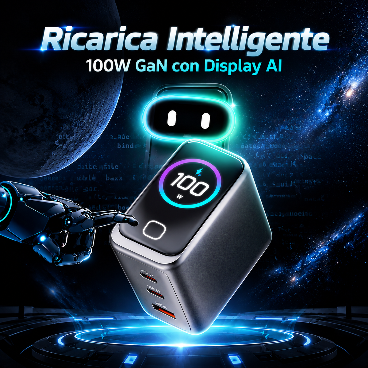 Caricatore Rapido GaN 100W con Display Intelligente AI, Alimentatore da Parete USB-C e USB-A, Monitoraggio Potenza e Temperatura, Ricarica Multiporta per Smartphone, Tablet e Laptop, Spina EU-X100PRO