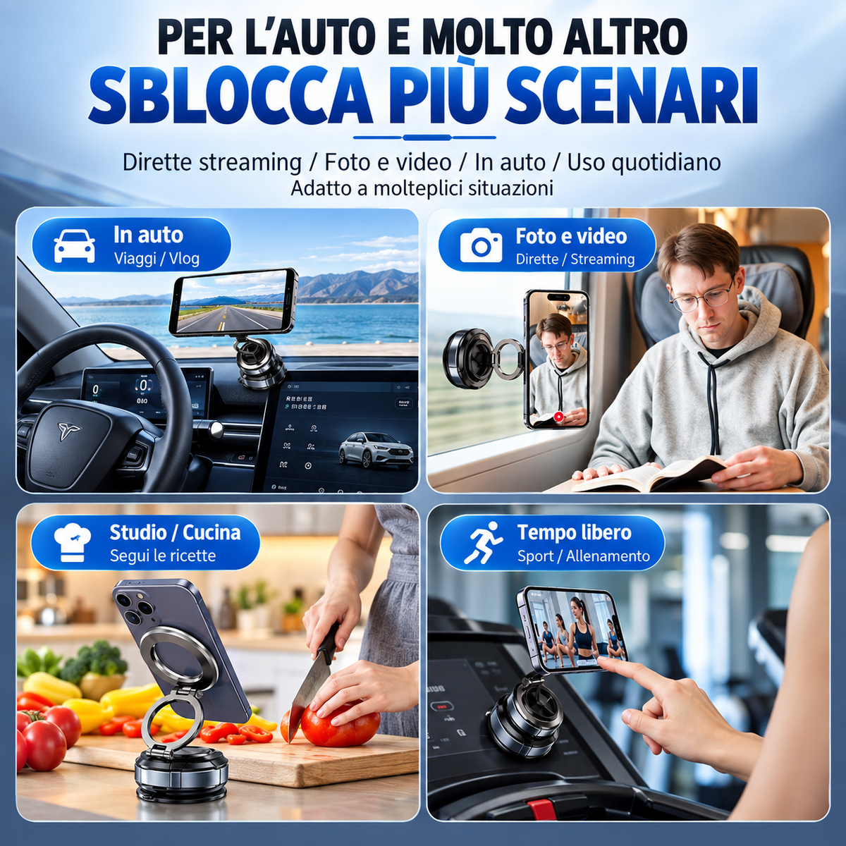 Supporto Magnetico per Smartphone N52 con Ventosa – Pieghevole, Rotazione 360°, Regolazione Multi-Angolo per Auto, Casa e Ufficio - SD07