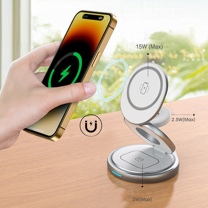 Caricatore Wireless Qi2 3 in 1 in Alluminio – Compatibile con MagSafe | Pieghevole con Rotazione a 360° | per iPhone | AirPods | Apple Watch -Q2