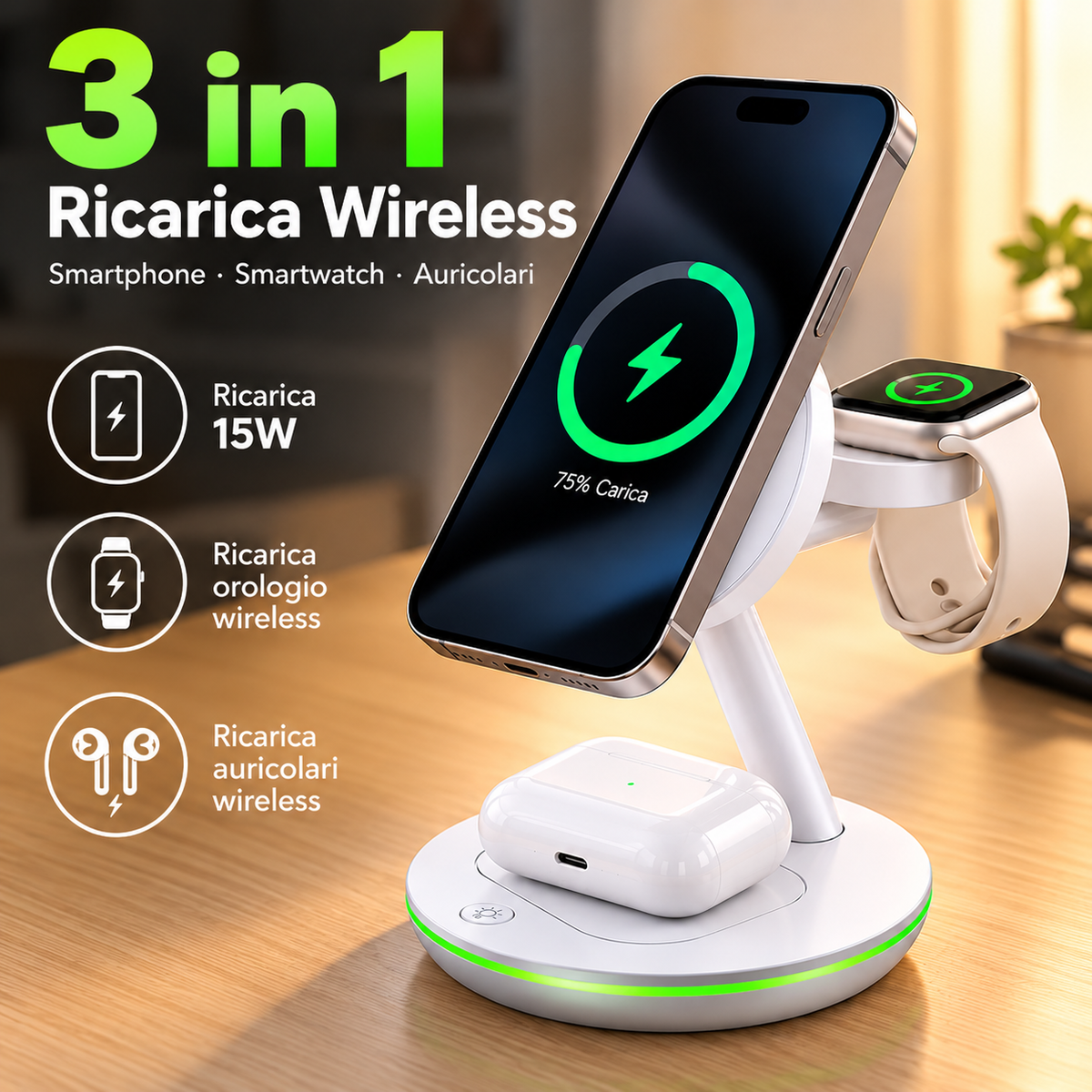 SiiPRO Caricatore Wireless Magnetico 3 in 1 da 15W con Luce LED, Stazione di Ricarica per Smartphone, Smartwatch e Auricolari, Supporto da Scrivania – SW-41