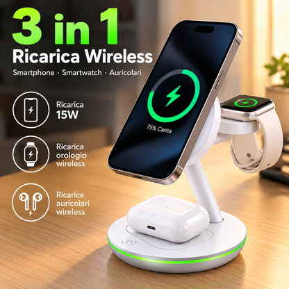 SiiPRO Caricatore Wireless Magnetico 3 in 1 da 15W con Luce LED, Stazione di Ricarica per Smartphone, Smartwatch e Auricolari, Supporto da Scrivania – SW-41