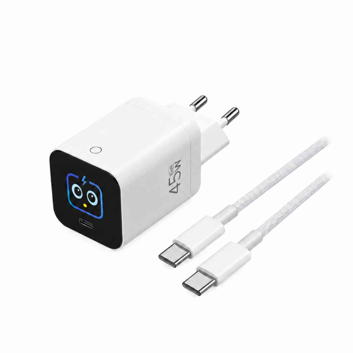 Set Caricatore Rapido GaN 45W con Cavo USB-C Incluso – Display TFT a Colori, Animazioni AI Intelligenti, Schermo Digitale per Monitoraggio Ricarica, Alimentatore da Parete con Spina EU per Smartphone e Tablet – AI-45W