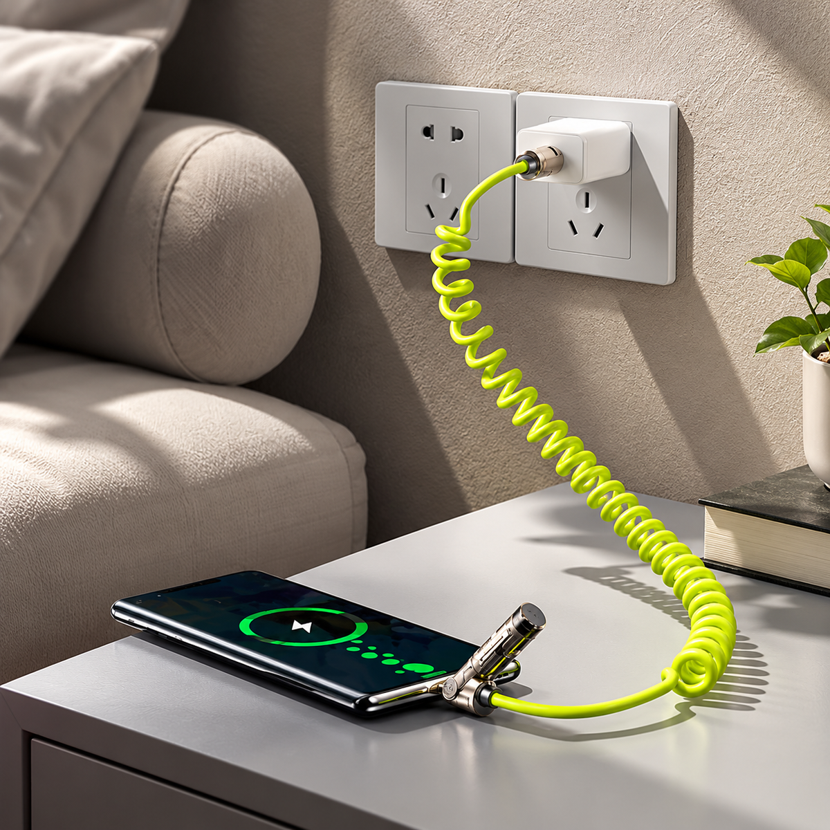 Cavo di Ricarica Rapida per Auto 4 in 1, 240W, Compatibile con CarPlay, Spirale Estensibile fino a 1,8 m, Connettori USB, Type-C e Lightning, per Smartphone e Tablet, Design Antigroviglio – WDC-80