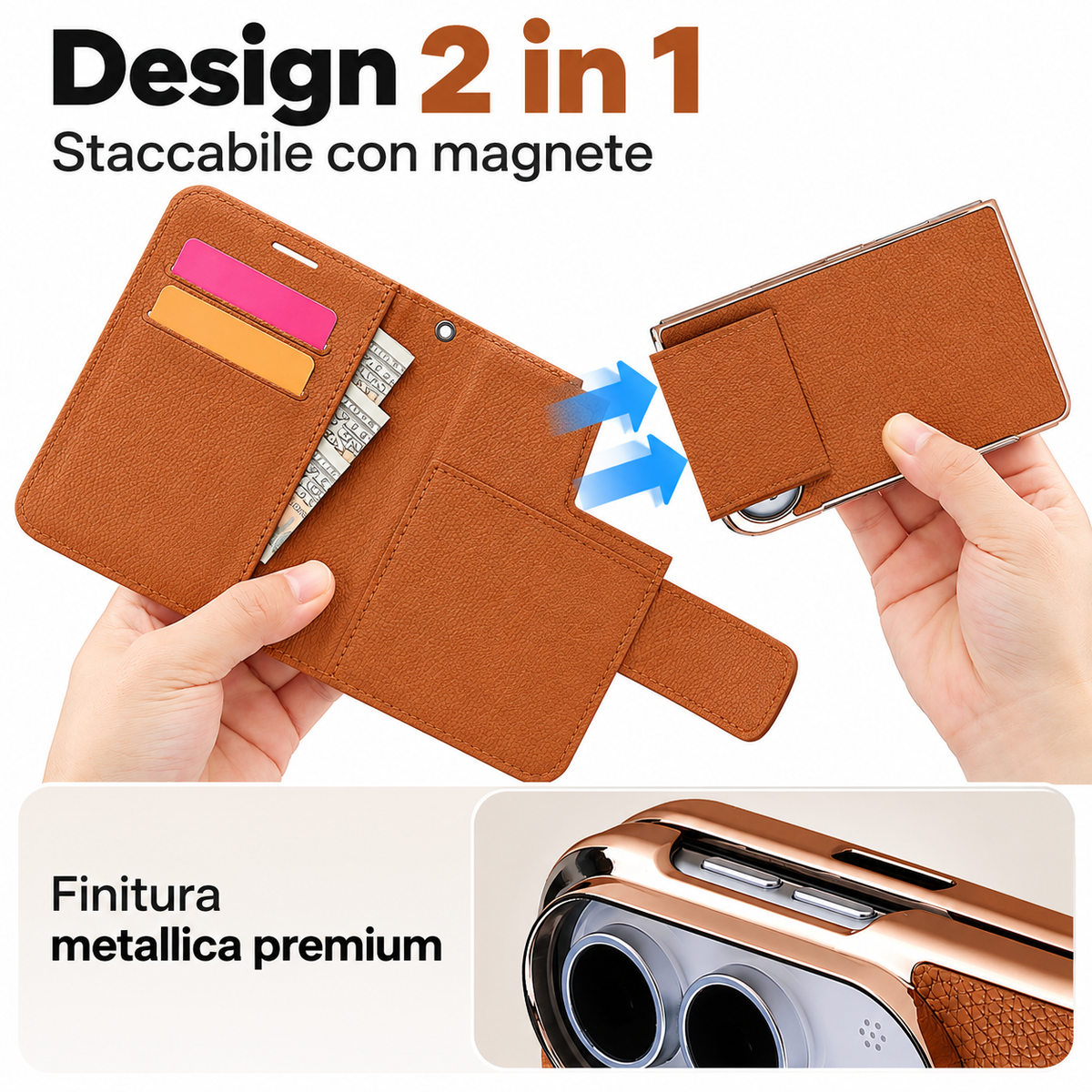 Cover a Libro 2 in 1 Magnetica e Staccabile per iPhone Duo, Custodia Portafoglio in PU con Porta Carte, Supporto Verticale e Orizzontale, Chiusura Magnetica e Laccetto-DUO-L01