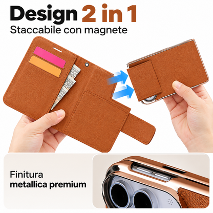Cover a Libro 2 in 1 Magnetica e Staccabile per iPhone Duo, Custodia Portafoglio in PU con Porta Carte, Supporto Verticale e Orizzontale, Chiusura Magnetica e Laccetto-DUO-L01